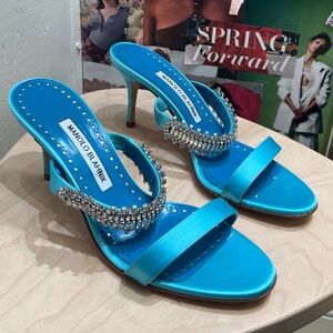 Manolo Blahnik Blue Satin Heels with Rhinestone Strap 38.5